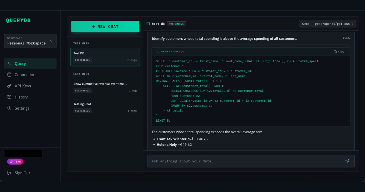 A premium dark-themed UI showing a natural language question being translated to SQL and displaying a results table.